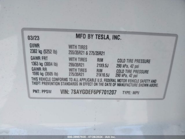 7SAYGDEF6PF701207 Tesla Model Y Awd/performance Dual Motor All-wheel Drive