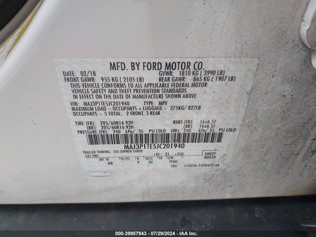 Aukcja sprzedaży 2018 Ford Ecosport Se, vin: MAJ3P1TE5JC201940, numer aukcji: 39957943