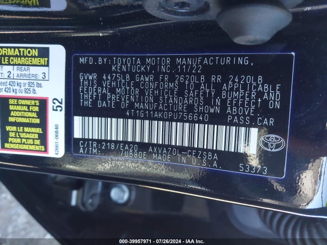 Toyota CAMRY SE 2023 4T1G11AK0PU756640 Image 9