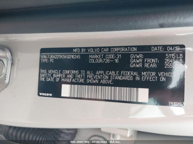 7JRA22TK5KG016245 Volvo S60 T6 Momentum