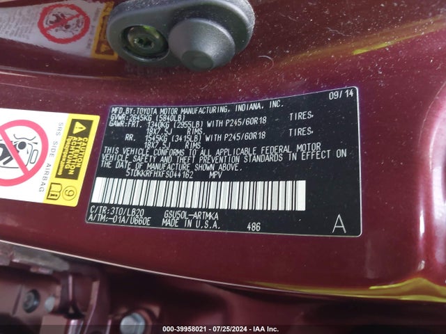 Toyota Highlander Xle V6 2015 5TDKKRFHXFS044162 Image 9