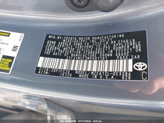 Toyota COROLLA SE 2021 5YFS4MCE3MP091191 Image 9