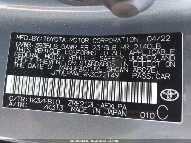 Toyota COROLLA LE 2022 JTDEPMAE9N3022149 Image 9