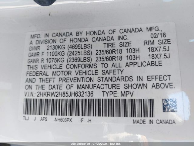 2HKRW2H85JH632136 Honda Cr-v Ex-l/ex-l Navi