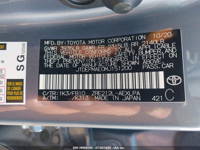 Toyota COROLLA LE 2021 JTDEPMAE0MJ151200 Image 9
