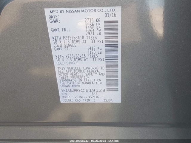 5N1AR2MM8GC619128 Nissan Pathfinder Platinum/s/sl/sv