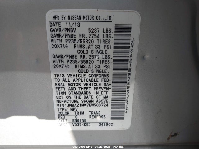 Nissan Murano Le 2014 JN8AZ1MW7EW506724 Image 9