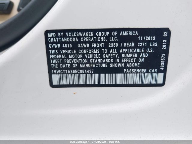 1VWCT7A39EC054437 Volkswagen Passat 1.8t Sel Premium