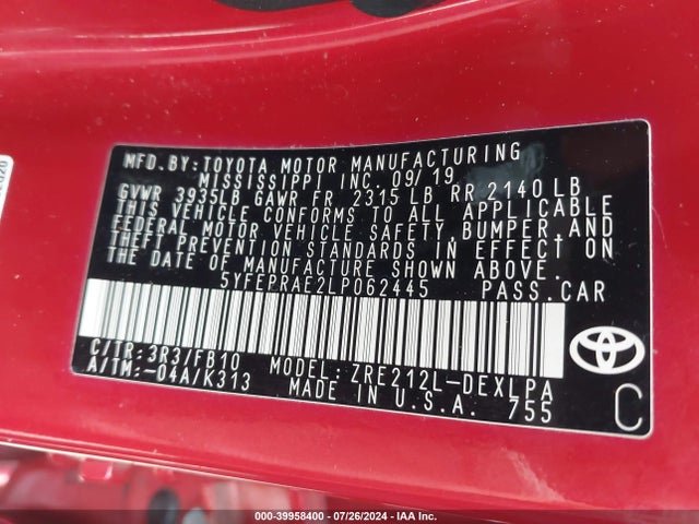 Toyota COROLLA LE 2020 5YFEPRAE2LP062445 Image 9