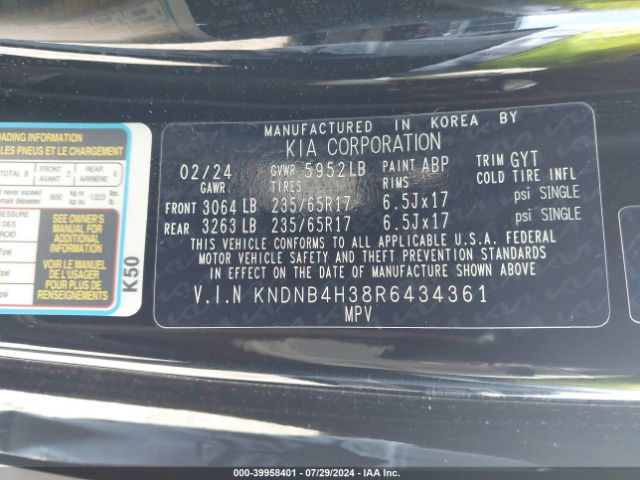 KNDNB4H38R6434361 KIA Carnival Mpv Lx Seat Package