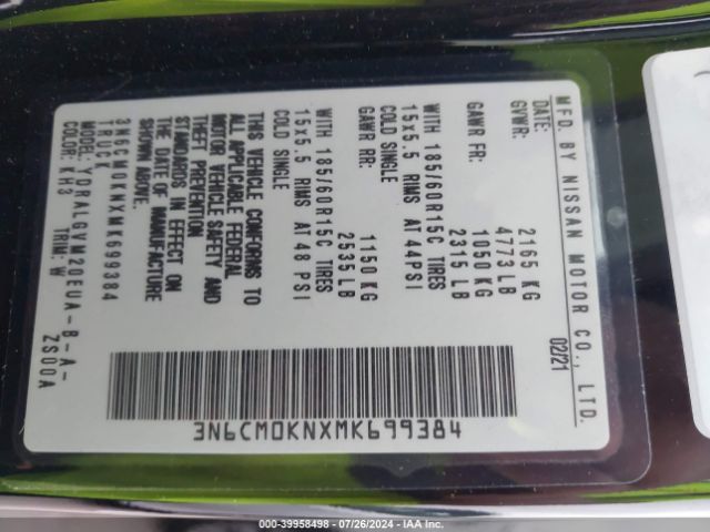 3N6CM0KNXMK699384 Nissan Nv200 Compact Cargo Sv Xtronic Cvt