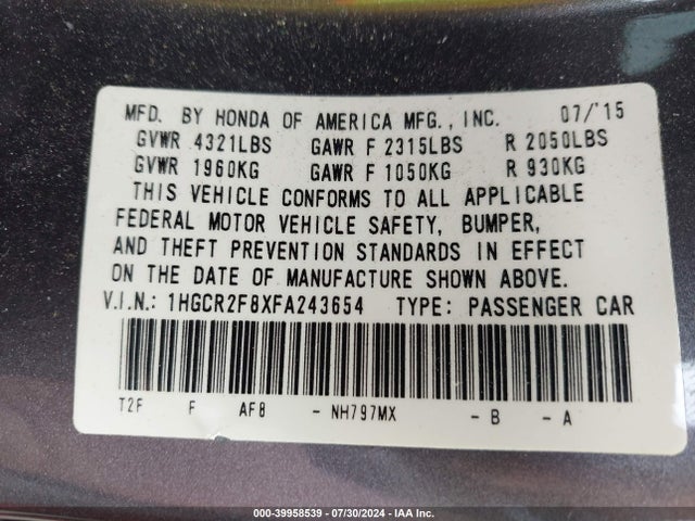 Honda Accord Ex-l 2015 1HGCR2F8XFA243654 Image 9