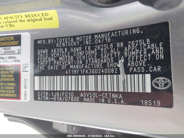 Toyota CAMRY LE 2016 4T1BF1FK3GU240082 Image 9