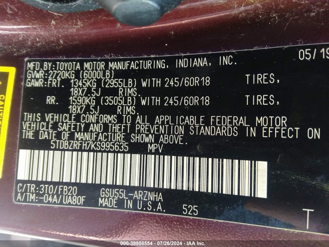 Toyota Highlander Le 2019 5TDBZRFH7KS995635 Image 9
