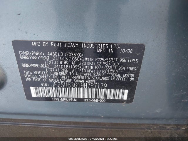Продажа на аукционе авто 2009 Subaru Forester 2.5x, vin: JF2SH63619H767179, номер лота: 39958690