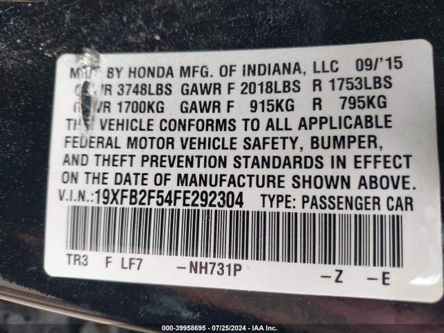 Honda Civic Lx 2015 19XFB2F54FE292304 Image 9
