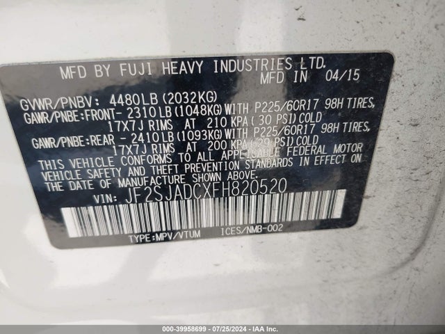 Subaru Forester 2.5i Premium 2015 JF2SJADCXFH820520 Image 9