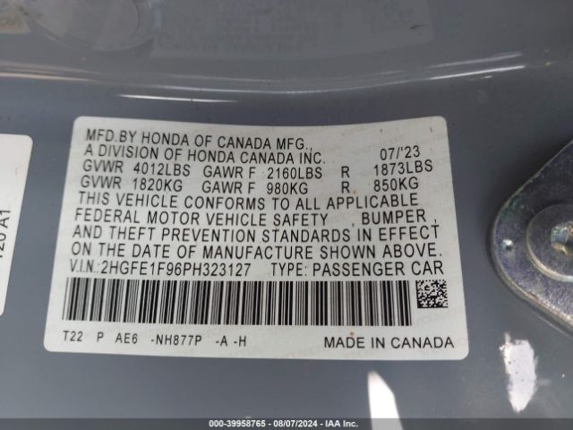 2HGFE1F96PH323127 Honda Civic Touring
