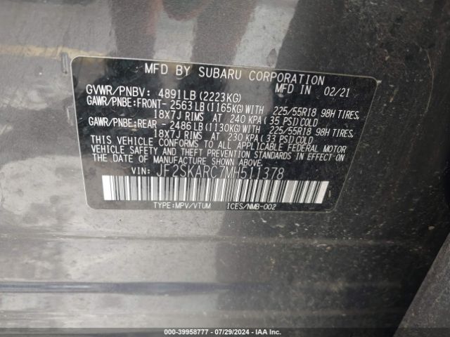 JF2SKARC7MH511378 Subaru Forester Sport