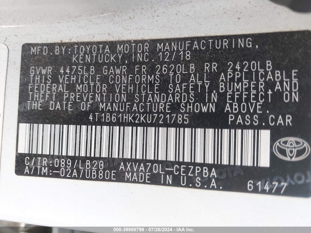Toyota CAMRY XSE 2019 4T1B61HK2KU721785 Image 9