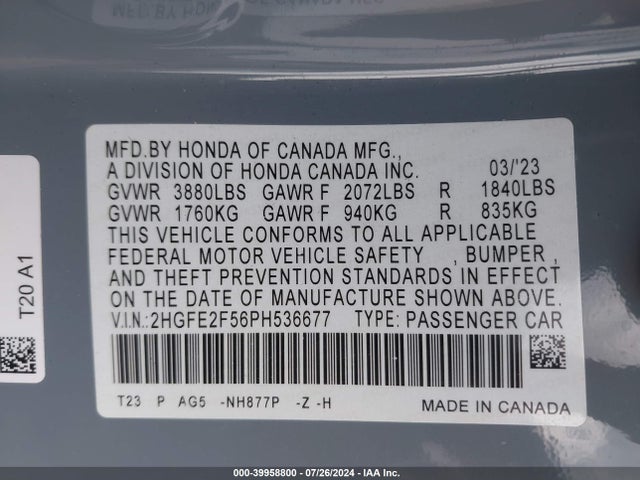 Honda Civic Sport 2023 2HGFE2F56PH536677 Image 9