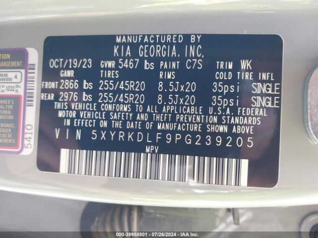 5XYRKDLF9PG239205 KIA SORENTO SX