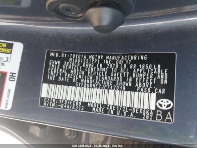 5YFBURHE2JP742019 Toyota Corolla L/le/se/xle/xse