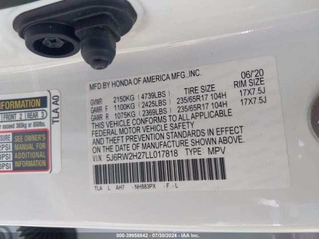 5J6RW2H27LL017818 Honda Cr-v Awd Lx