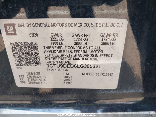 3GTU9DED6LG305321 GMC Sierra 1500 4wd  Short Box Slt