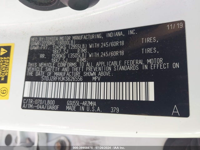 5TDJZRFH3KS626556 Toyota Highlander Xle