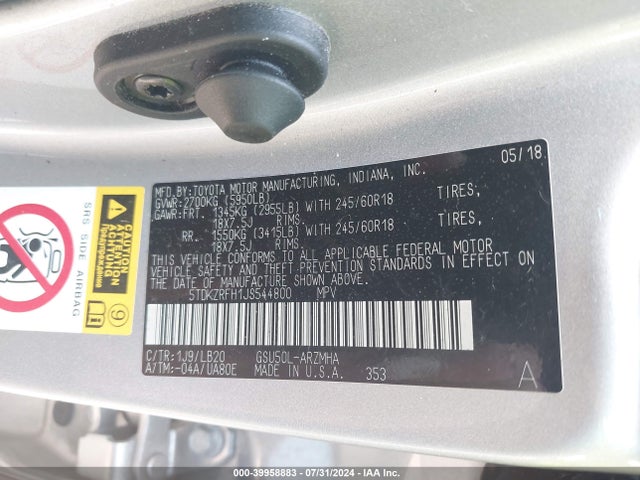 Toyota Highlander Xle 2018 5TDKZRFH1JS544800 Image 9