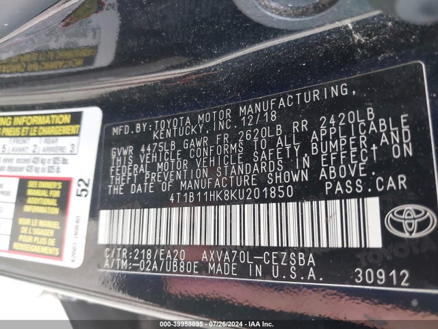 Toyota CAMRY SE 2019 4T1B11HK8KU201850 Image 9