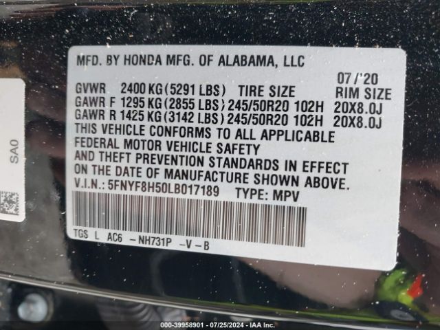 5FNYF8H50LB017189 Honda Passport Awd Ex-l