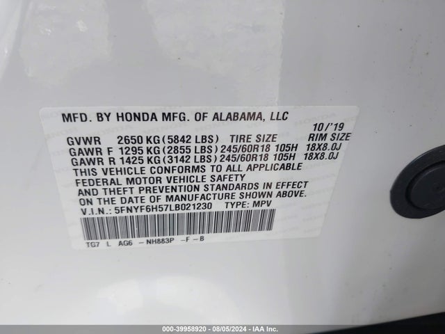 Honda Pilot Awd Ex-l 2020 5FNYF6H57LB021230 Image 9