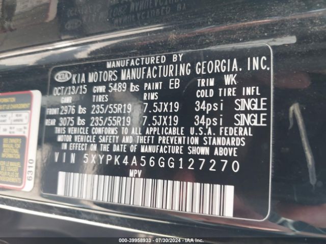 5XYPK4A56GG127270 KIA Sorento 3.3l Sxl