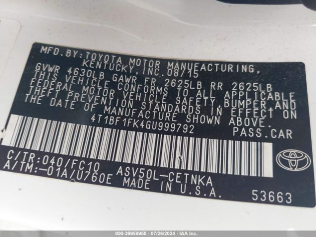 4T1BF1FK4GU999792 Toyota CAMRY LE