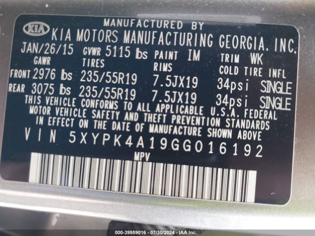 5XYPK4A19GG016192 KIA Sorento 2.0t Sxl