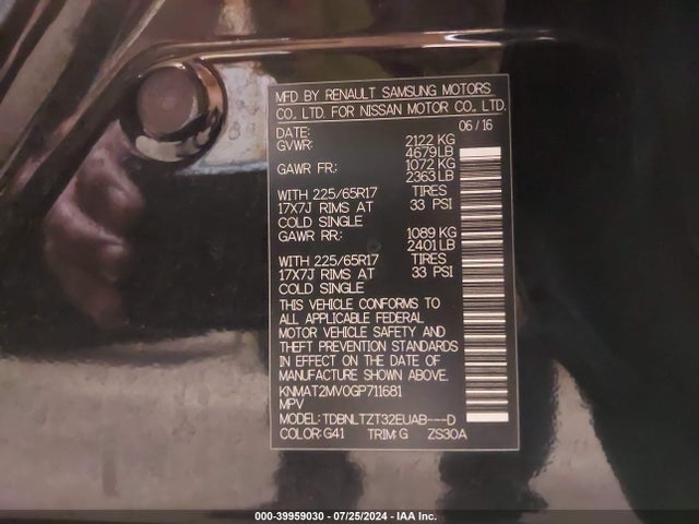 Nissan ROGUE SV 2016 KNMAT2MV0GP711681 Image 9