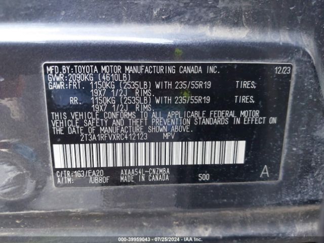 2T3A1RFVXRC412123 Toyota Rav4 Xle Premium