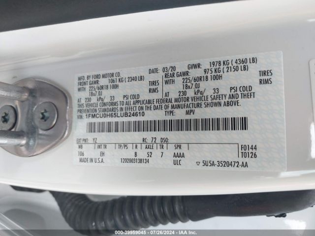 1FMCU0H65LUB24610 Ford ESCAPE SEL