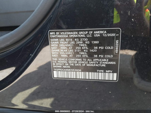1V2FR2CAXMC553936 Volkswagen Atlas 3.6l V6 Sel Premium R-line