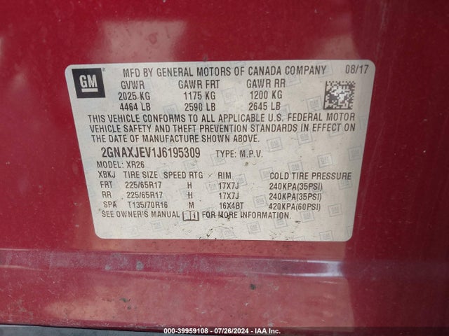 Chevrolet EQUINOX LT 2018 2GNAXJEV1J6195309 Image 9