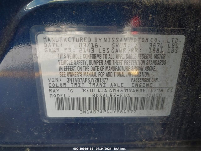Nissan SENTRA S 2018 3N1AB7AP6JY281377 Image 9