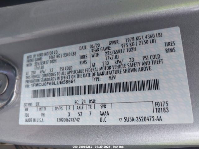 1FMCU0F68LUB58561 Ford ESCAPE S
