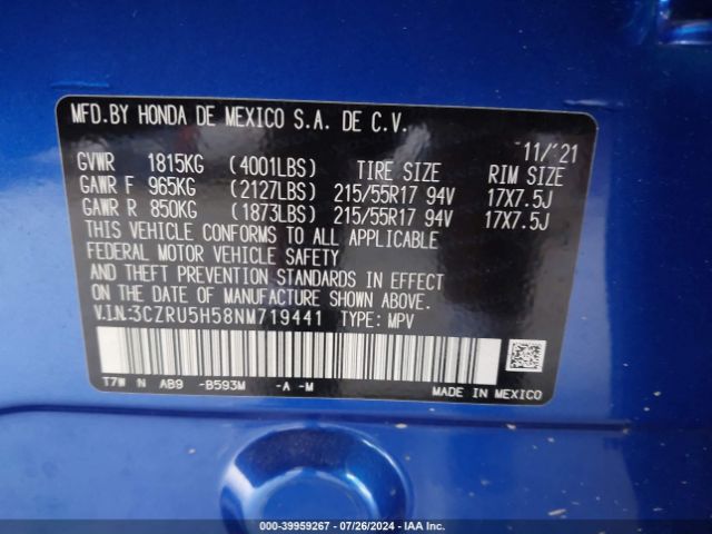 3CZRU5H58NM719441 Honda Hr-v 2wd Ex
