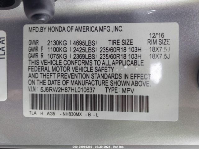 5J6RW2H87HL010637 Honda Cr-v Ex-l/ex-l Navi