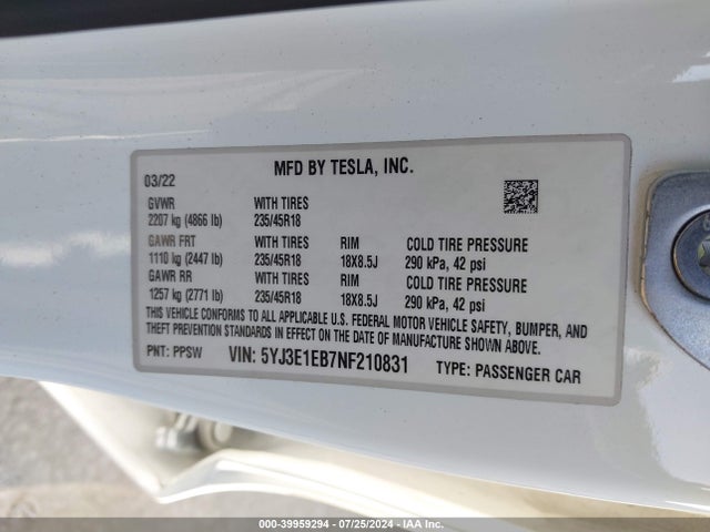 Tesla Model 3 Long Range Dual Motor All-wheel Drive 2022 5YJ3E1EB7NF210831 Image 9