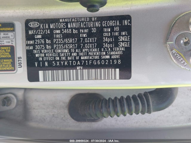 KIA Sorento Lx V6 2015 5XYKTDA71FG602198 Image 9
