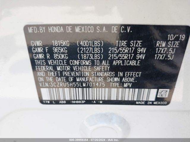 3CZRU5H55LM701475 Honda Hr-v 2wd Ex