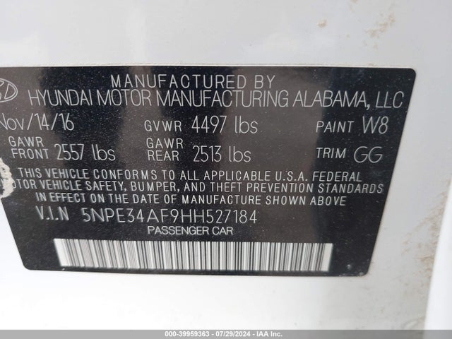 Hyundai Sonata Limited 2017 5NPE34AF9HH527184 Image 9